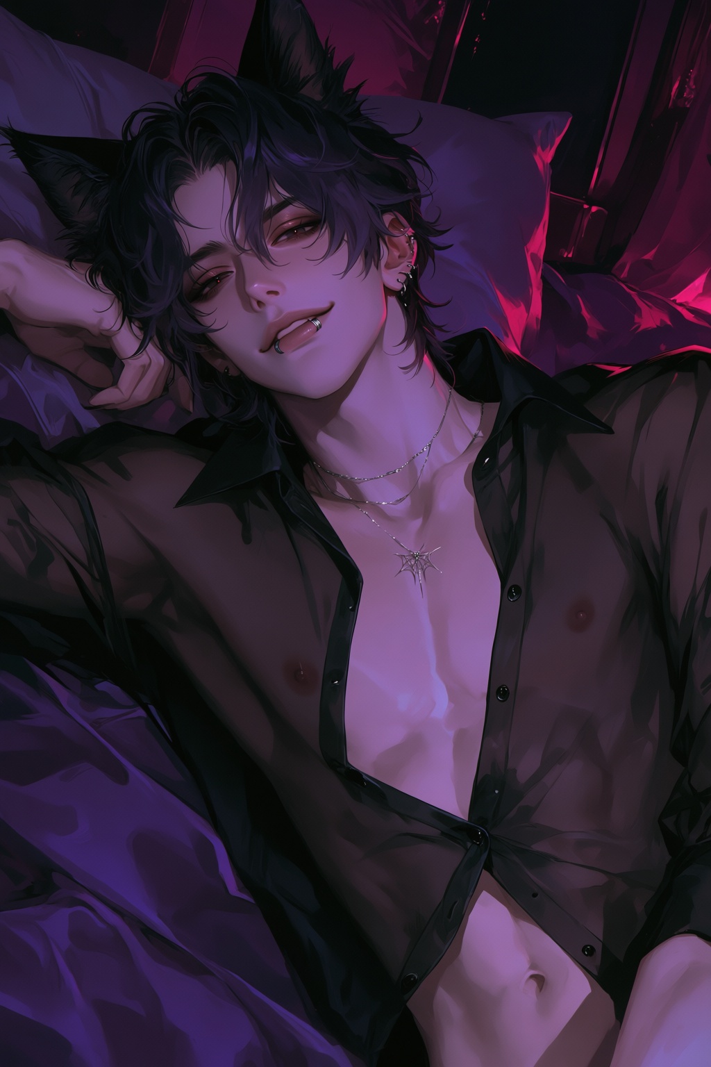highres,  absurdres,  @PH3N3XFX A young man with shaggy raven hair and sleek black cat ears rests on his side atop satin s...