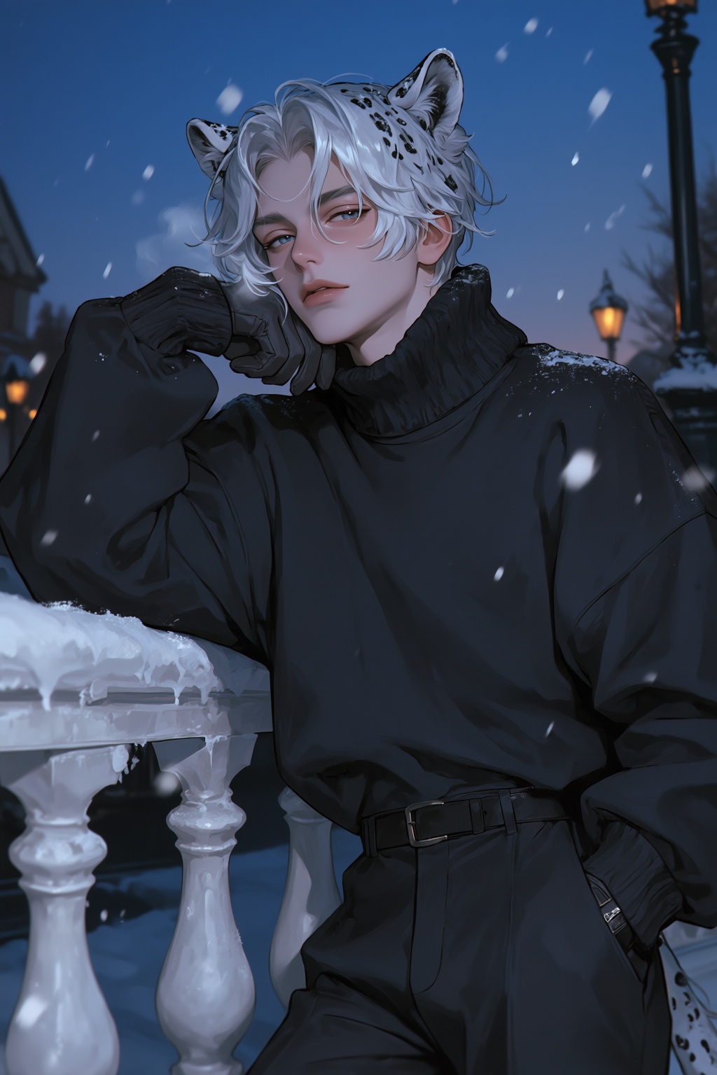 highres,  absurdres,  @PH3N3XFX A young man with silky silver-white hair and rounded on Tensor.Art