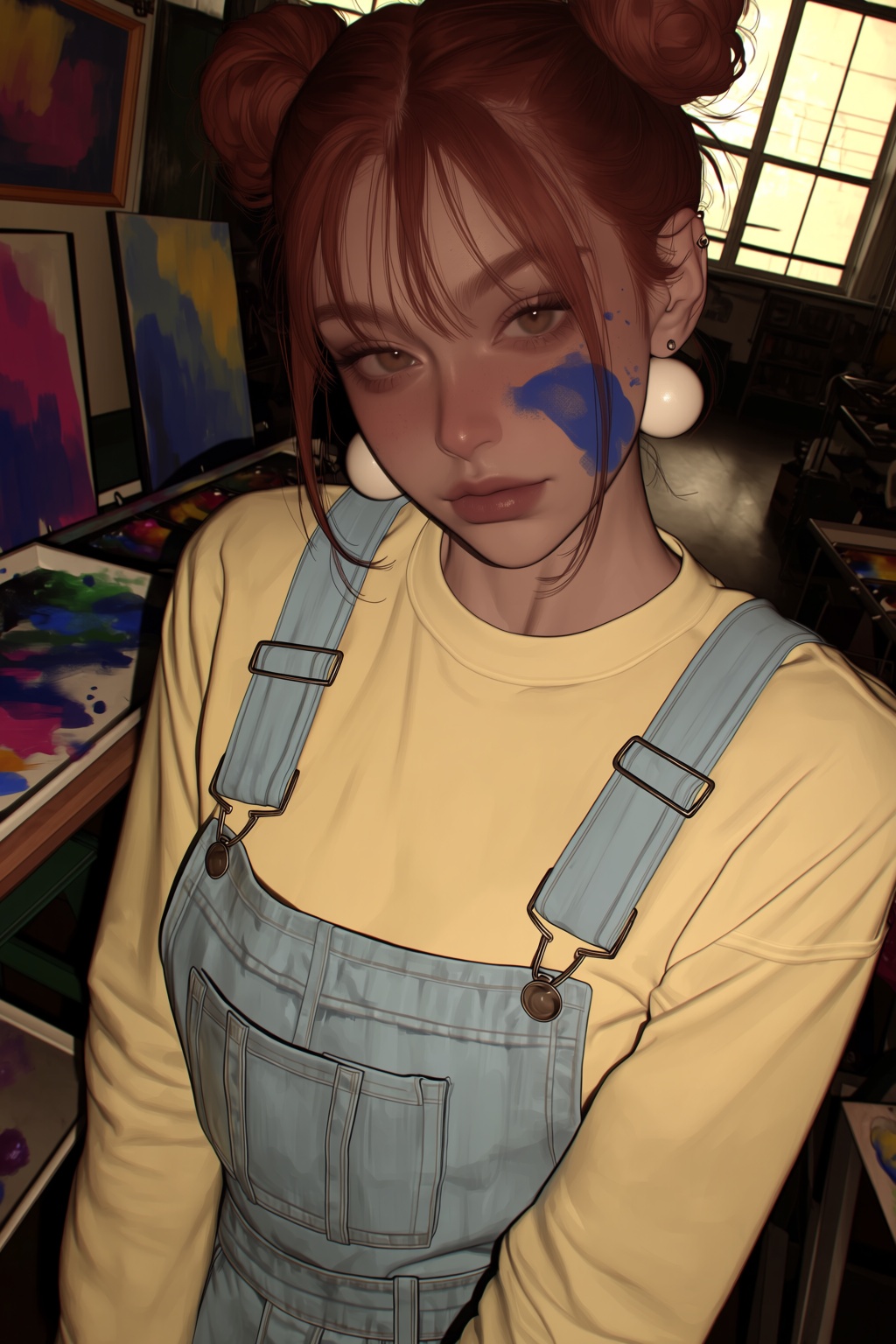 highres,  absurdres,  @V3P4R7ID3 A young woman with reddish-brown hair styled in two high buns gazes directly at the viewe...