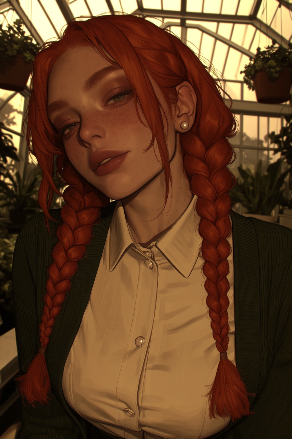 highres,  absurdres,  @V3P4R7ID3 A woman with vibrant red hair styled in two thick braids rests her head slightly tilted o...