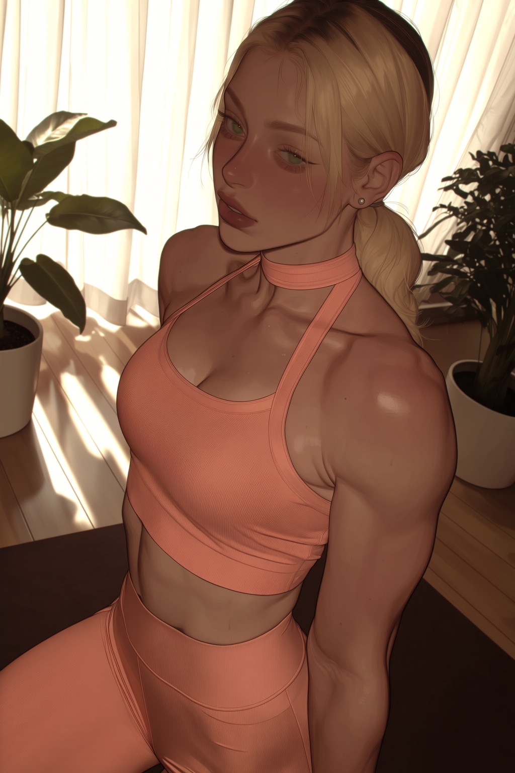 highres,  absurdres,  @V3P4R7ID3 A woman with fair skin and blonde hair tied back in a low ponytail sits on a dark mat on...