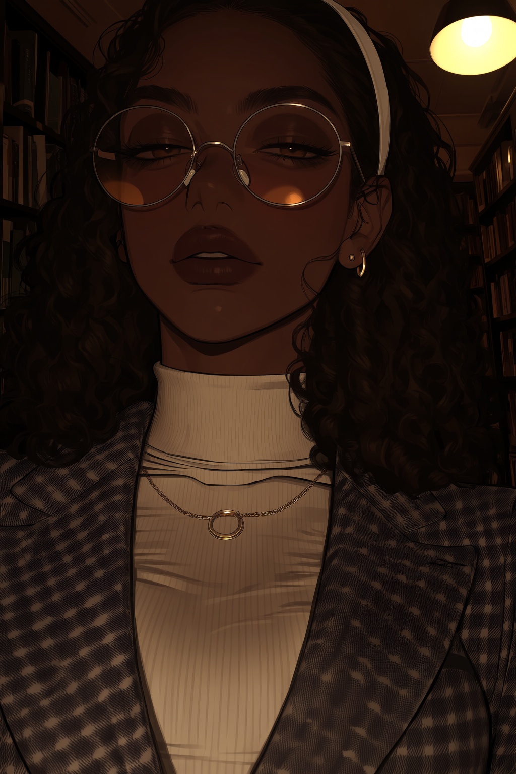 highres,  absurdres,  @V3P4R7ID3 A woman with deep brown skin and voluminous dark curly hair wears a white headband on Ten...