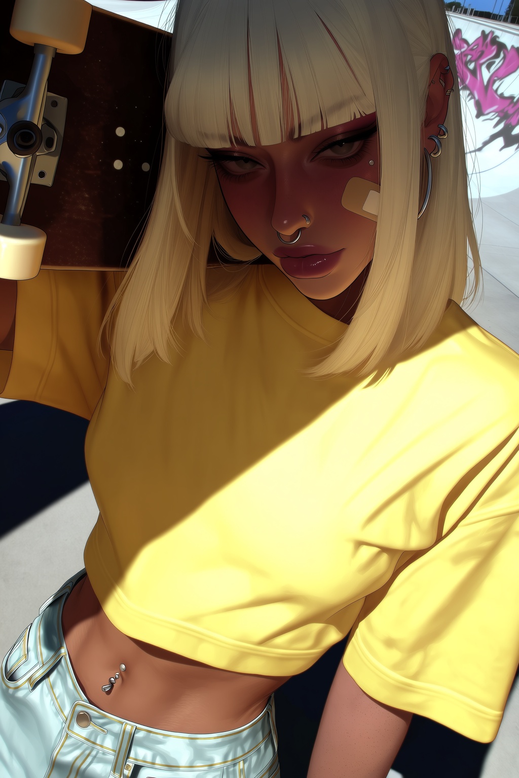 highres,  absurdres,  @V3P4R7ID3 A woman with straight platinum-blonde hair and bangs stands in bright sunlight on Tensor.Art