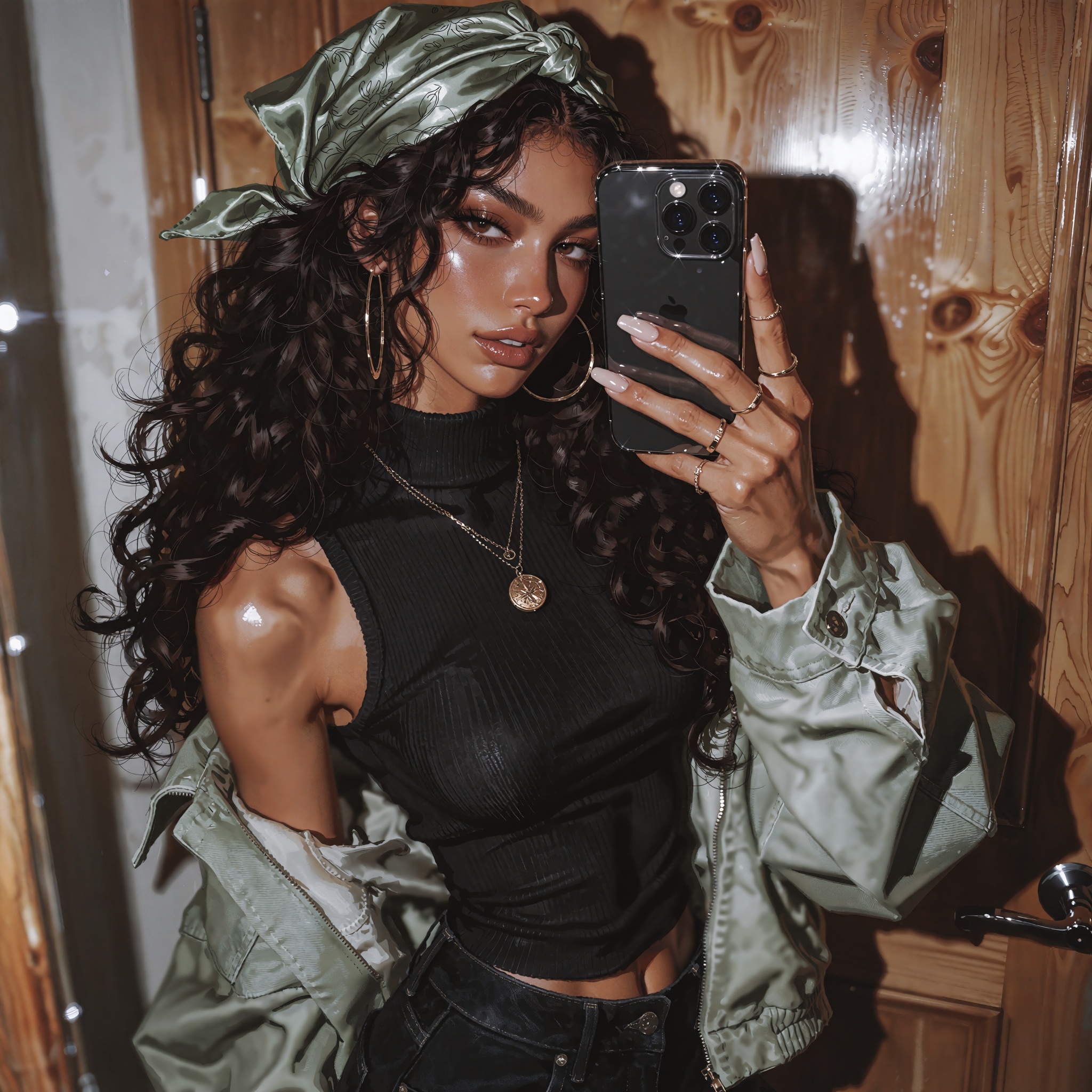 Professional photorealistic portrait,  vertical mirror selfie of a young woman with warm tan skin and long voluminous dark...