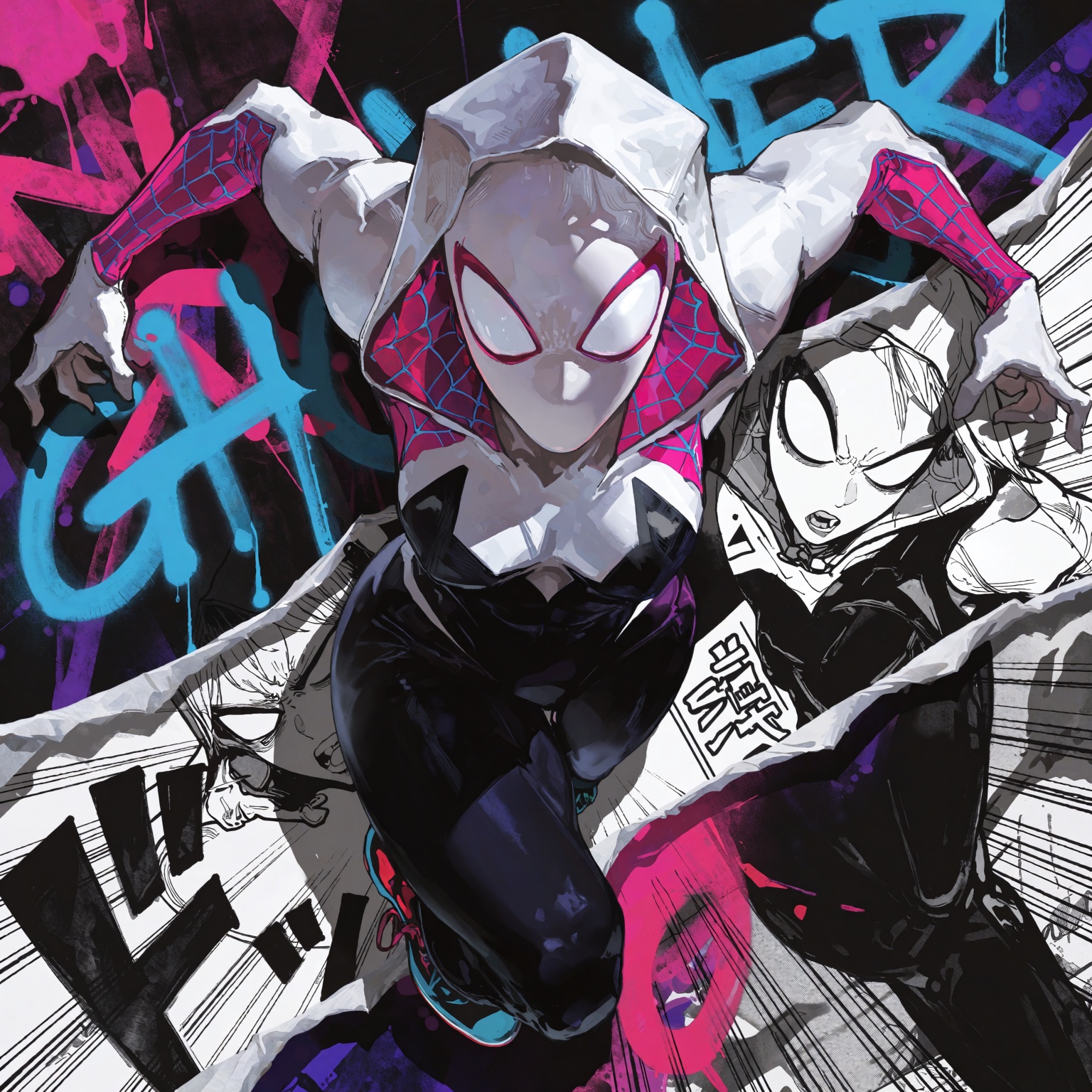 high-impact graphic poster cover of Ghost-Spider (Gwen Stacy),  bursting outward through ripped manga panels. Dynamic forw...