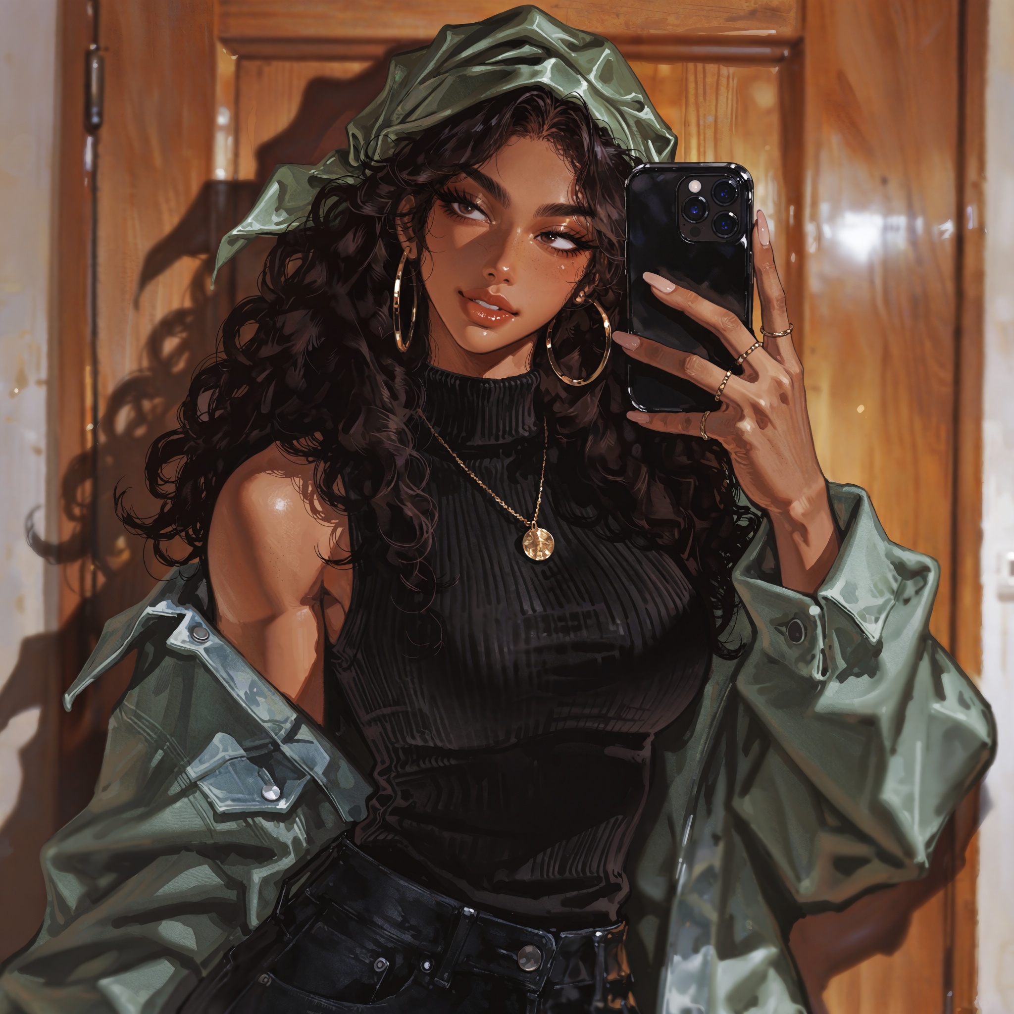 Professional photorealistic portrait,  vertical mirror selfie of a young woman with warm tan skin and long voluminous dark...