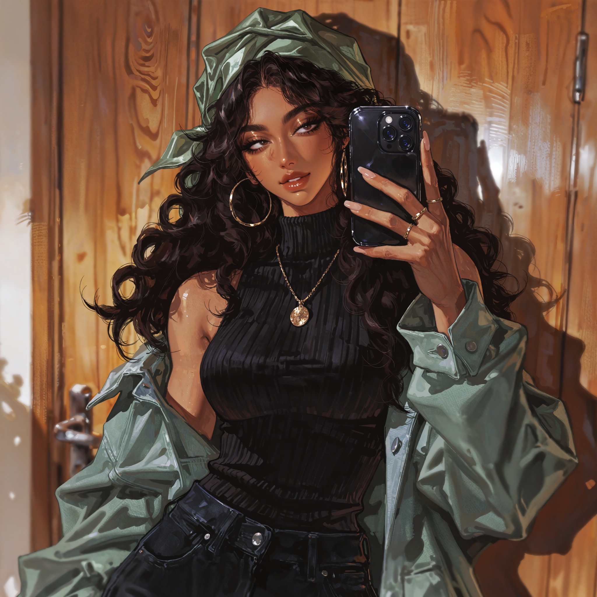 Professional photorealistic portrait,  vertical mirror selfie of a young woman with warm tan skin and long voluminous dark...
