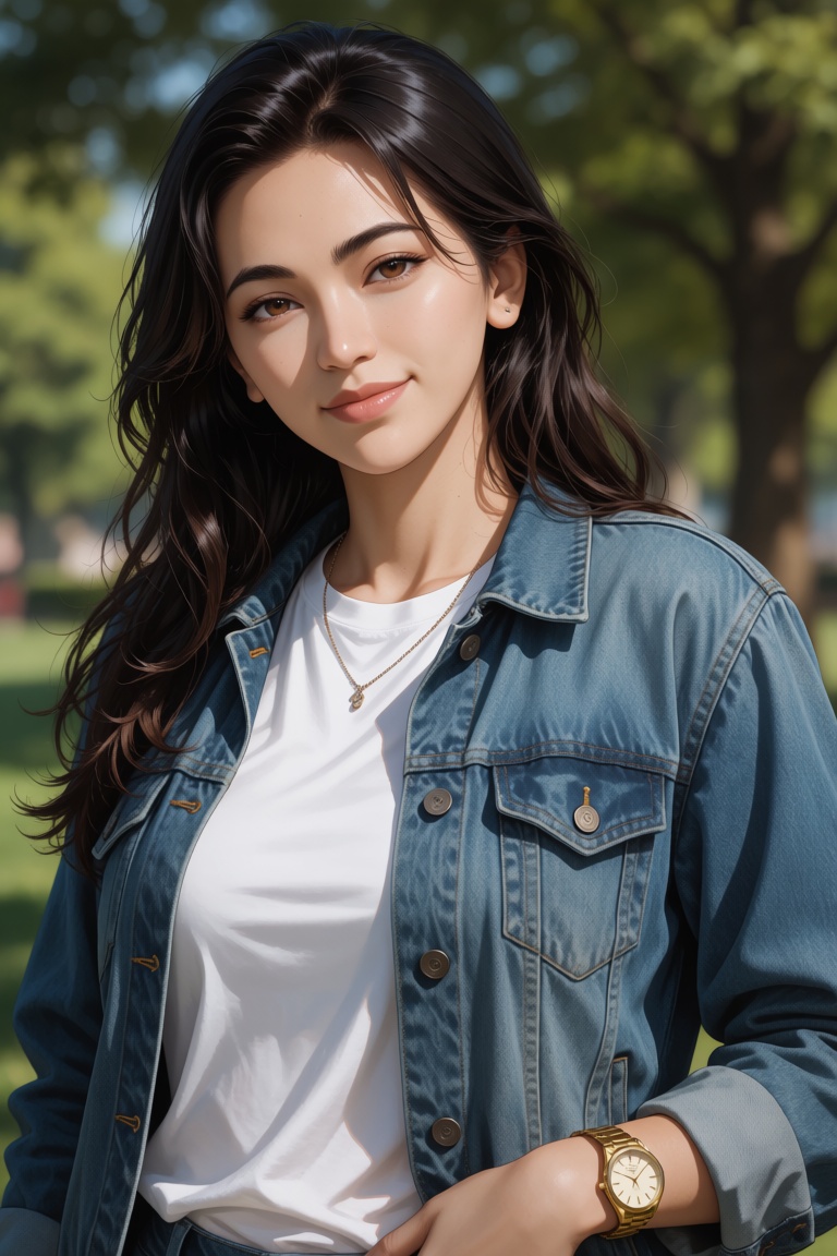 Professional editorial portrait illustration taken during an outdoor photoshoot in a park. Captured with a full-frame came...