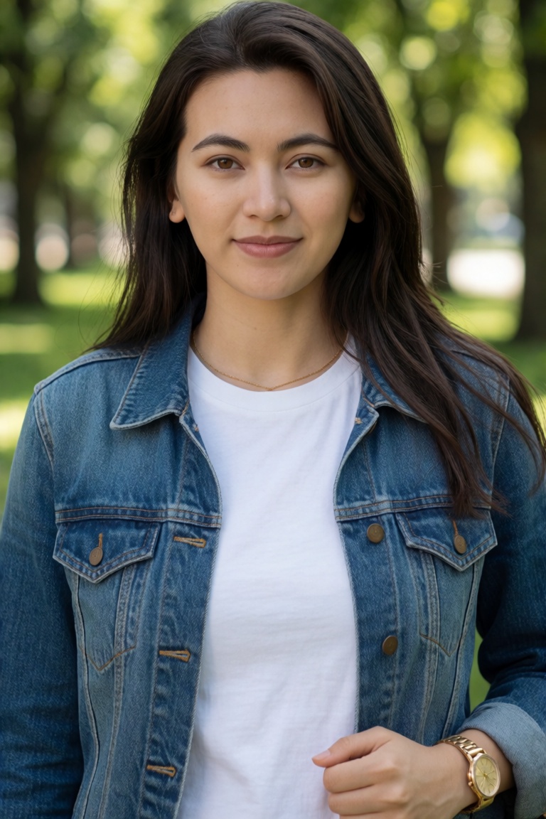 Professional editorial portrait photograph taken during an outdoor photoshoot in a park. Captured with a full-frame camera...