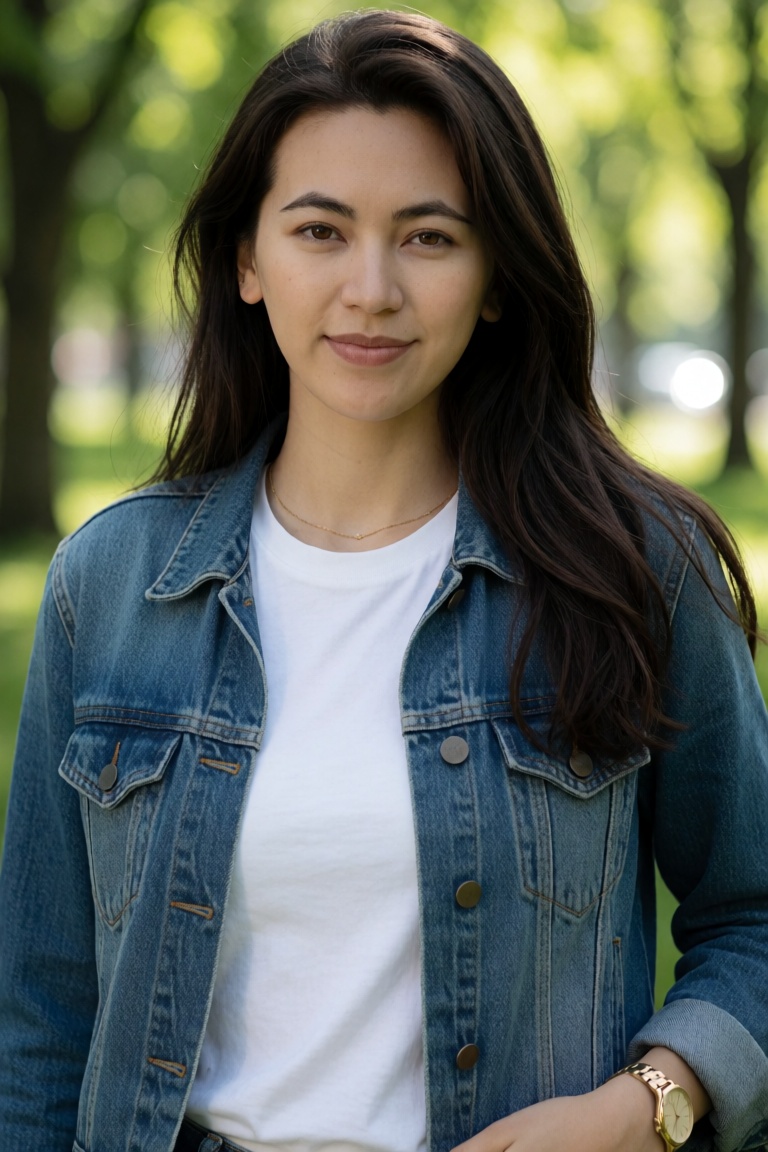 Professional editorial portrait photograph taken during an outdoor photoshoot in a park. Captured with a full-frame camera...