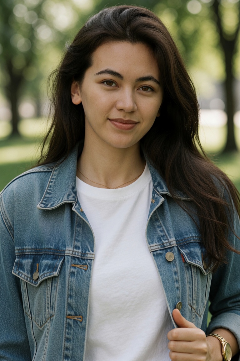 Professional editorial portrait photograph taken during an outdoor photoshoot in a park. Captured with a full-frame camera...