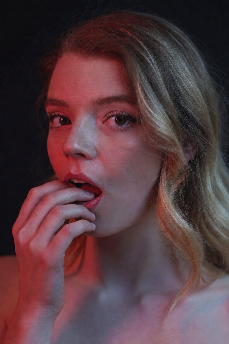 A professional portrait shot of a blonde woman with cheekbones open slowly her mouth putting her pinky finger inside her m...