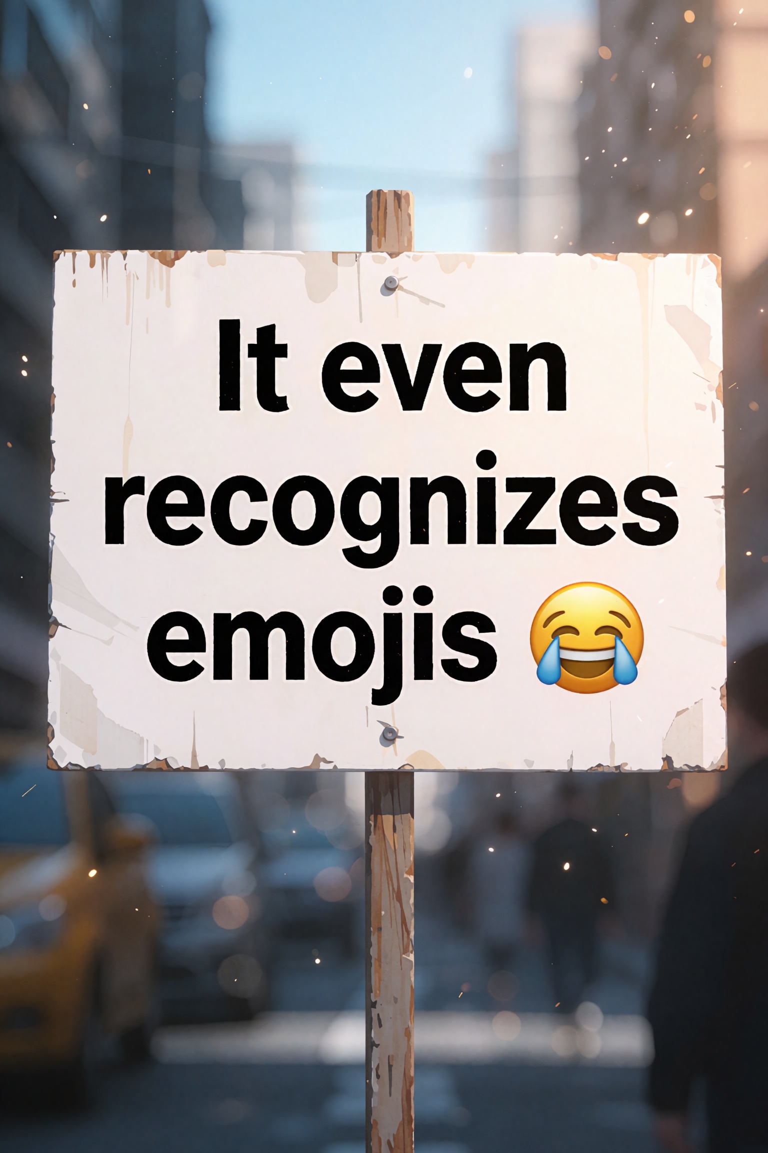 anime sign taht says "It even recognizes emojis 🤣"; blurry background,  light particles,  highres on Tensor.Art