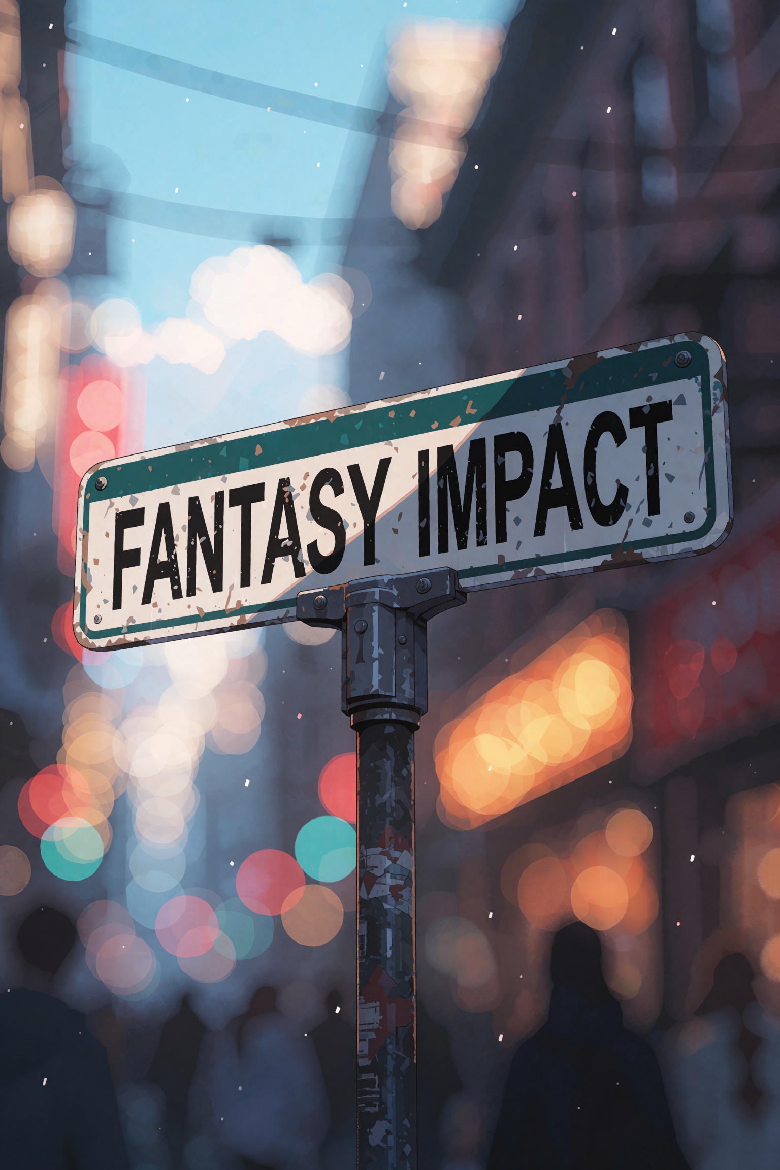 street sign with clear written text reading "FANTASY IMPACT",  bokeh background,  cinematic depth of field on Tensor.Art