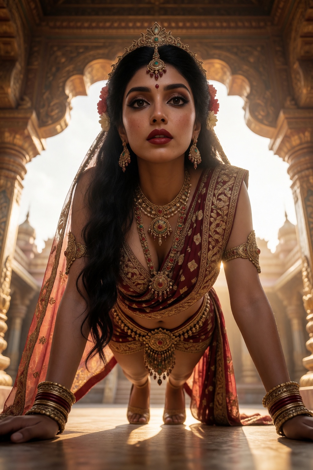 Worm's eye view from very low angle looking up at a glamorous Indian woman cosplayer with warm golden-brown skin,  fine po...