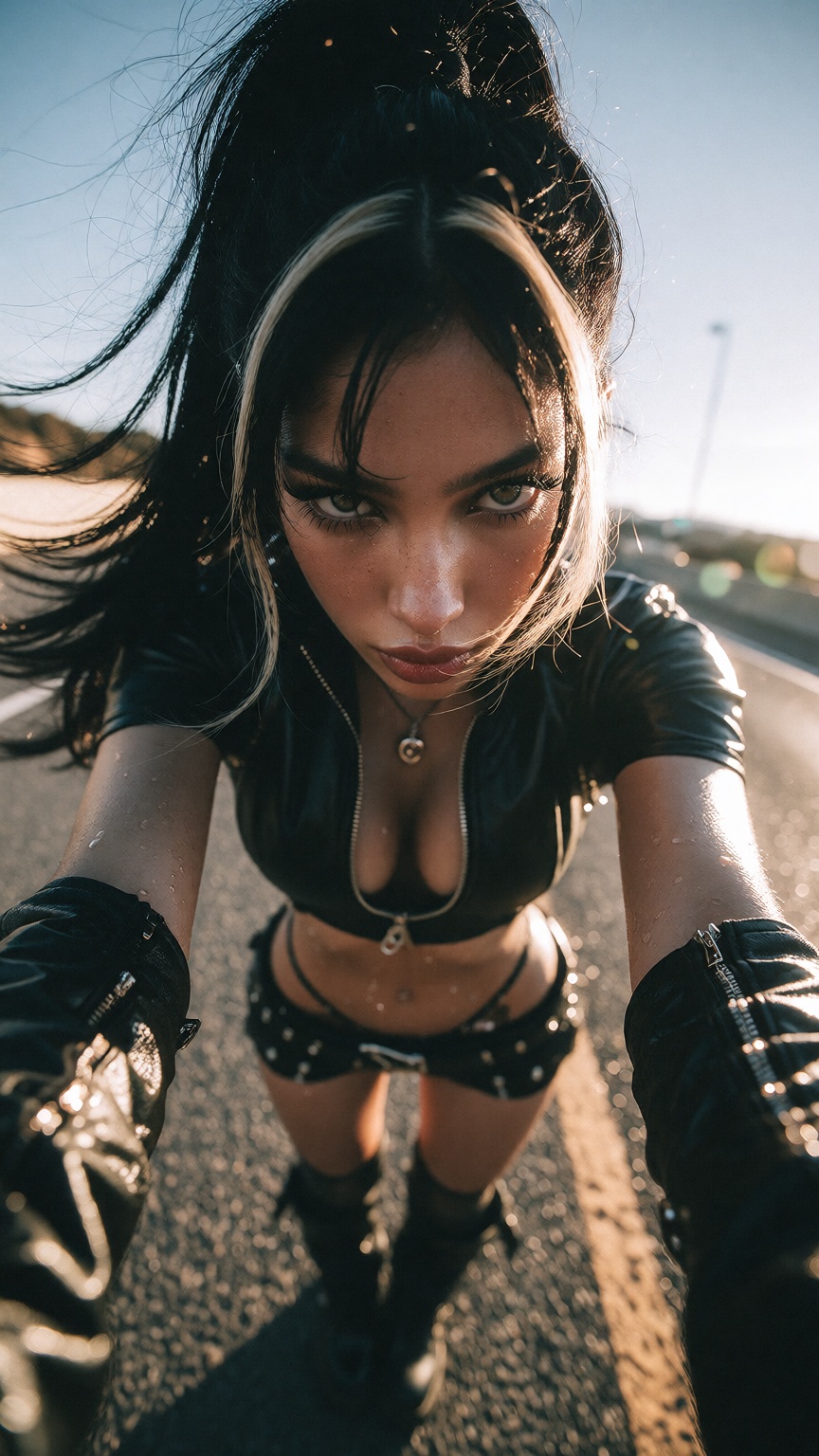Ground-level worm's-eye view looking steeply up at an athletic Indian cosplayer woman with medium tan skin showing fine po...