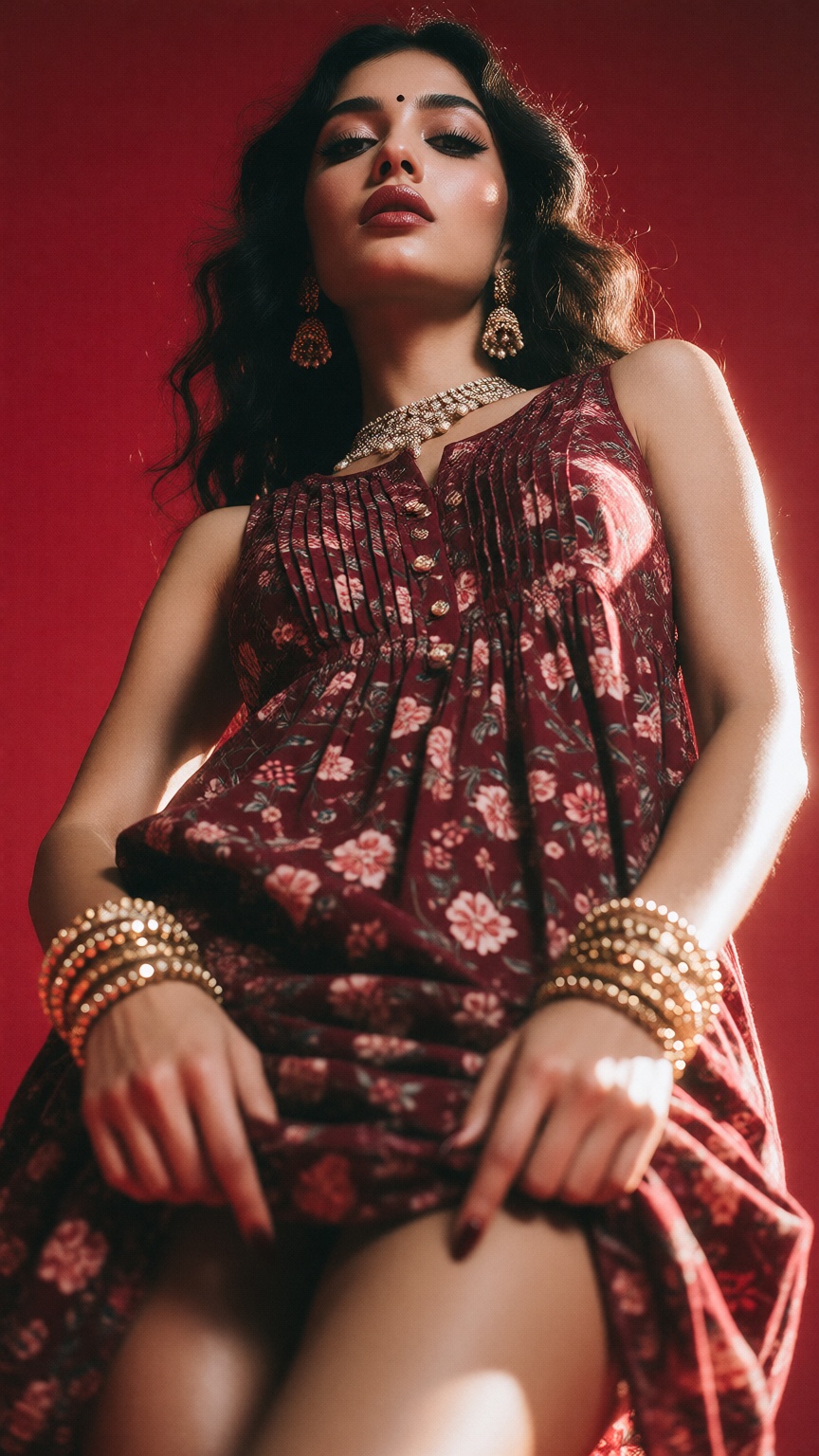 Extreme low angle worms eyes view,  Gorgeous north Indian lady Ava,  greg lansky style on Tensor.Art