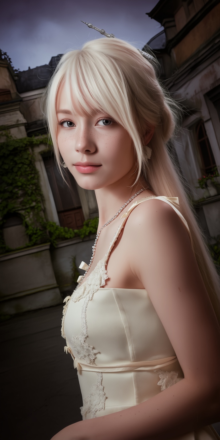 An ultra-realistic DSLR portrait captured through a dramatic dutch angle,  showcasing a gentle young woman with a soft fac...