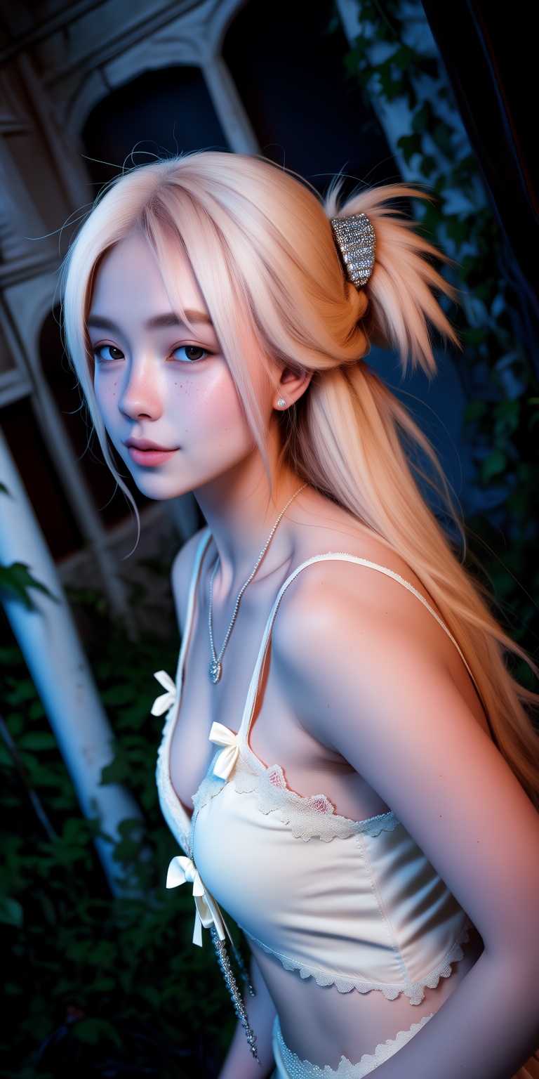 An ultra-realistic DSLR portrait captured through a dramatic dutch angle,  showcasing a gentle young woman with a soft fac...