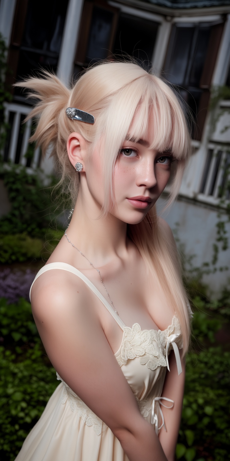 An ultra-realistic DSLR portrait captured through a dramatic dutch angle,  showcasing a gentle young woman with a soft fac...