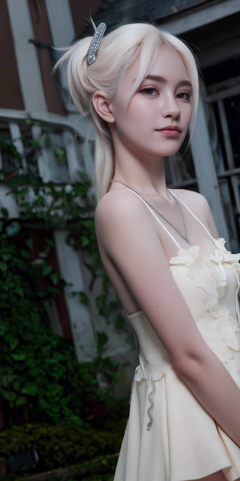An ultra-realistic DSLR portrait captured through a dramatic dutch angle,  showcasing a gentle young woman with a soft fac...