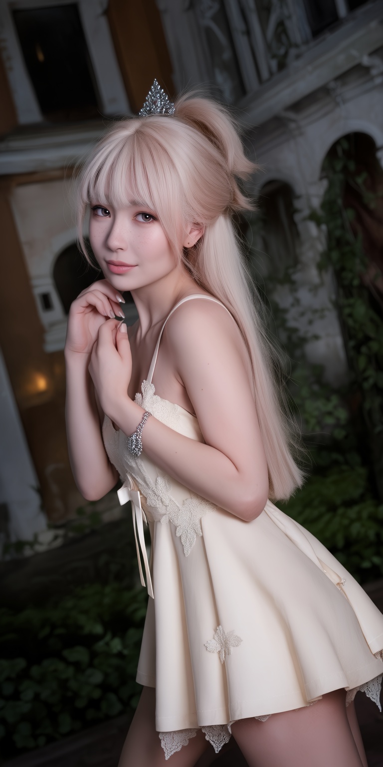 An ultra-realistic DSLR portrait captured through a dramatic dutch angle,  showcasing a gentle young woman with a soft fac...
