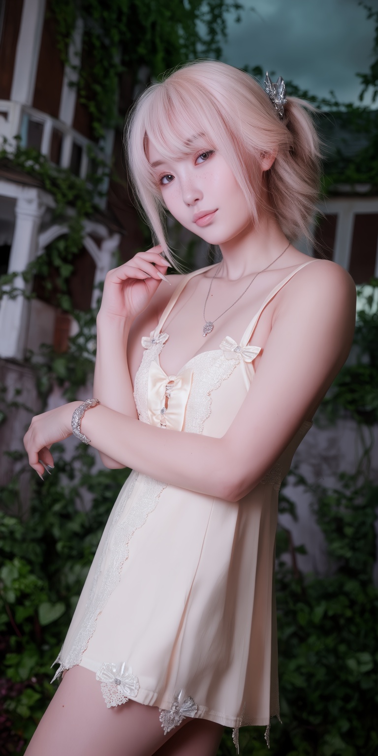 An ultra-realistic DSLR portrait captured through a dramatic dutch angle,  showcasing a gentle young woman with a soft fac...