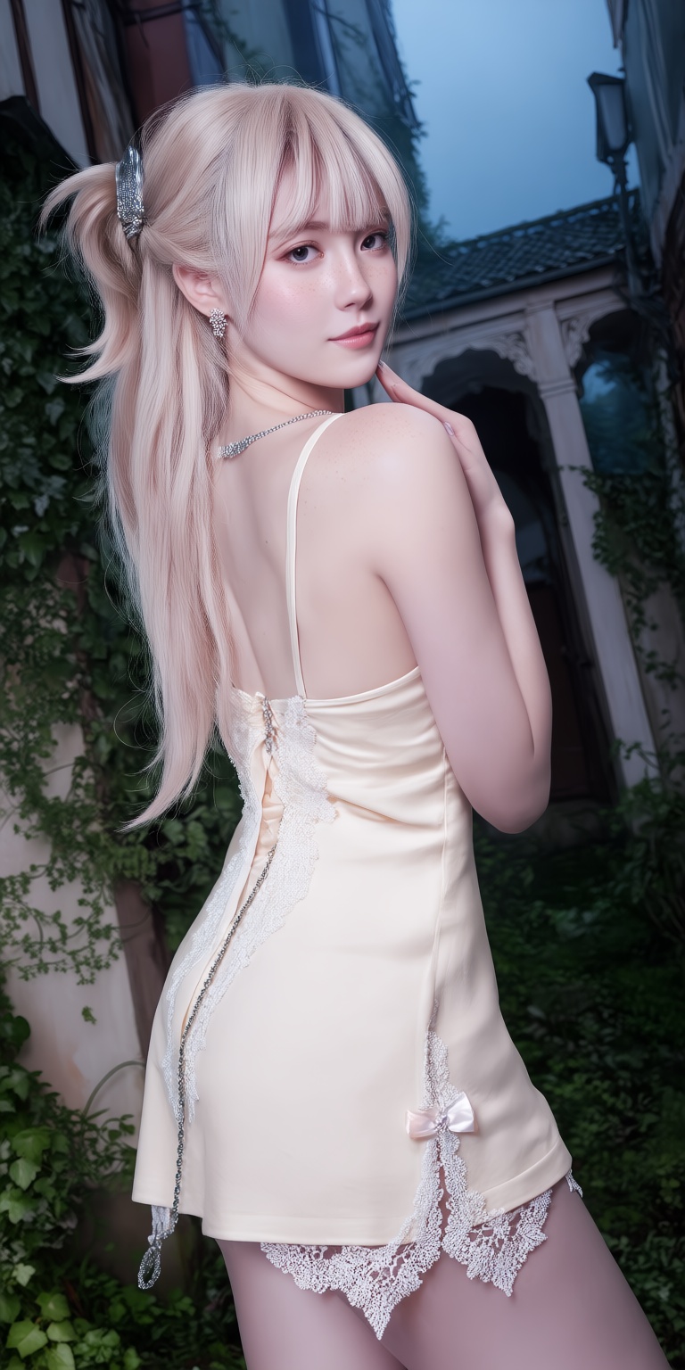 An ultra-realistic DSLR portrait captured through a dramatic dutch angle,  showcasing a gentle young woman with a soft fac...