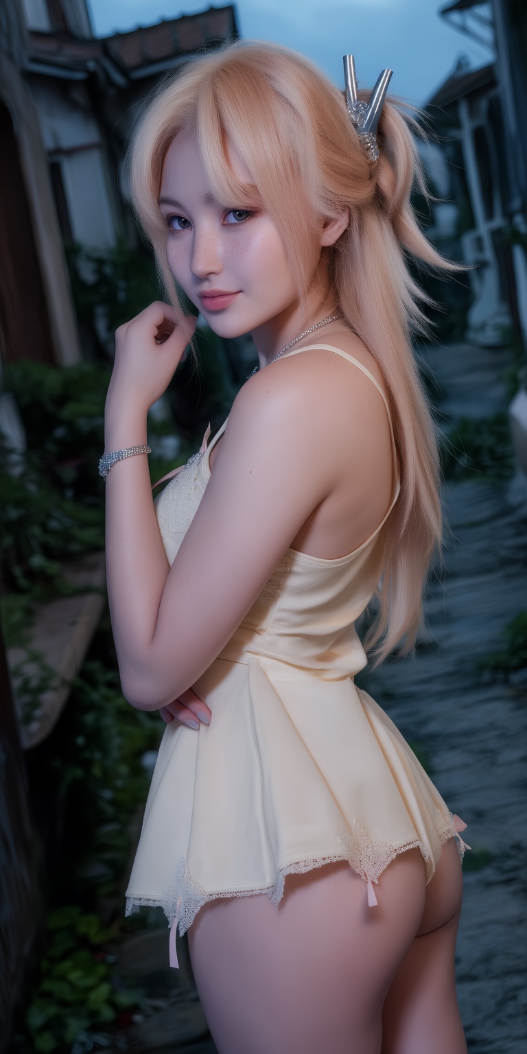 An ultra-realistic DSLR portrait captured through a dramatic dutch angle,  showcasing a gentle young woman with a soft fac...