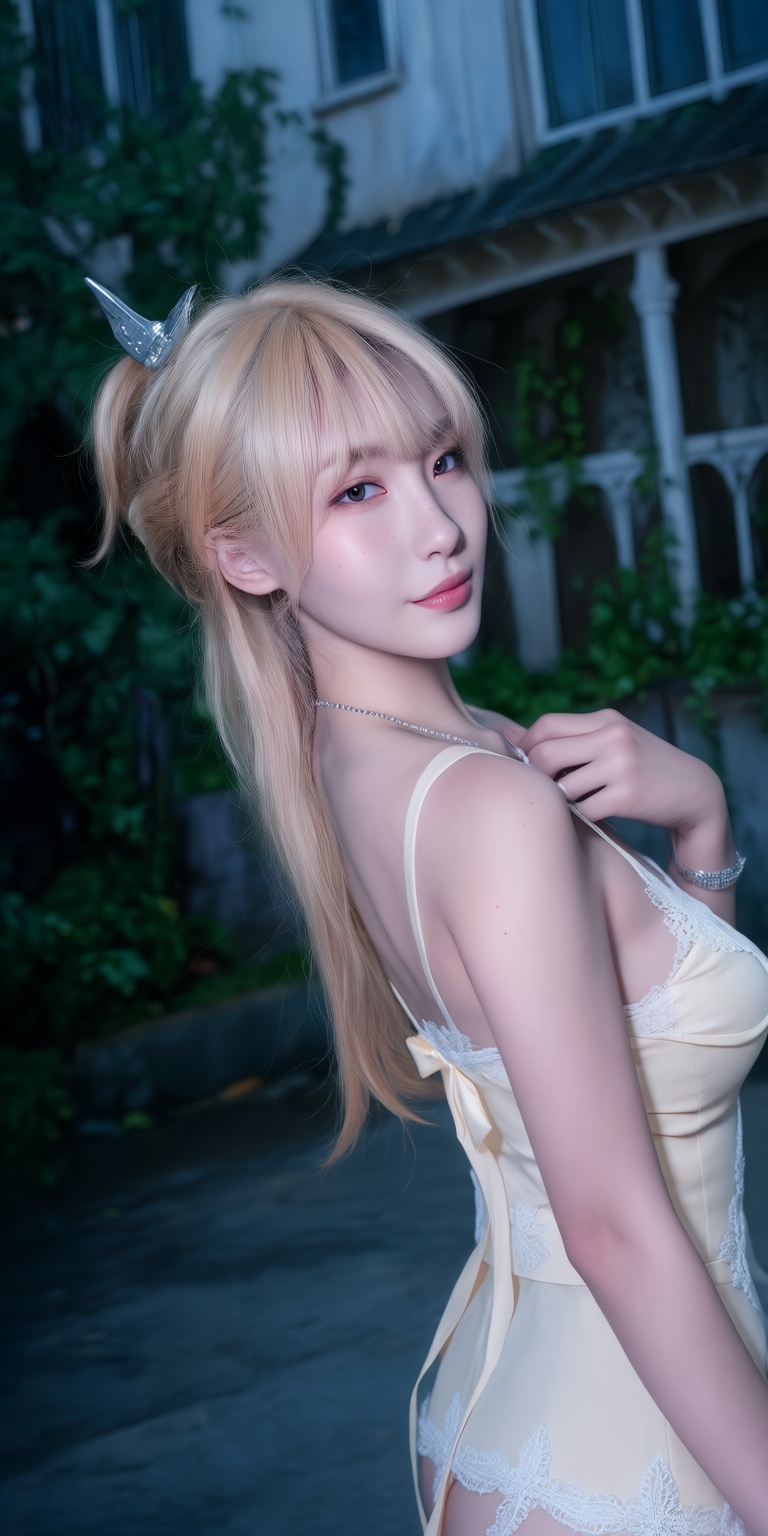 An ultra-realistic DSLR portrait captured through a dramatic dutch angle,  showcasing a gentle young woman with a soft fac...