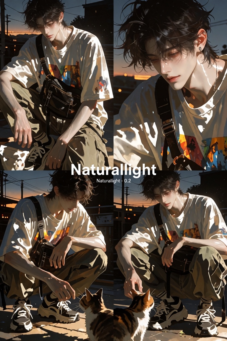 Masculine text in the center: "Naturallight". Smaller text "Naturallight - 0.2" Handsome man with messy hair,  fair skin,...