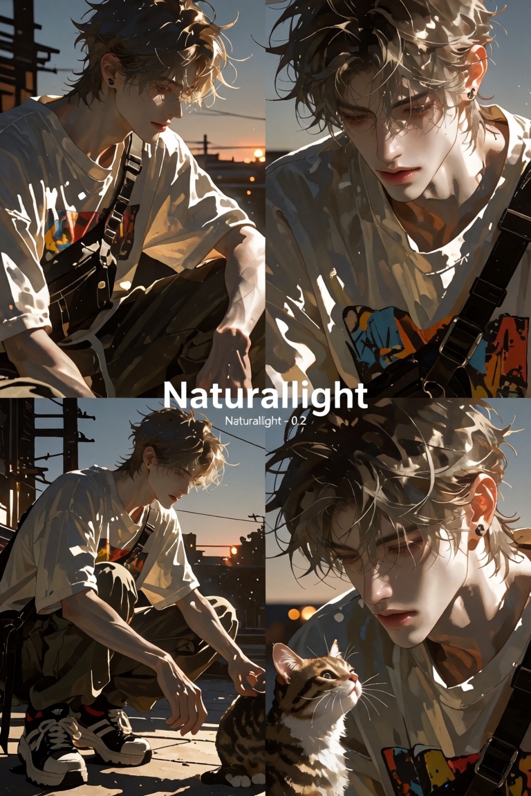 Masculine text in the center: "Naturallight". Smaller text "Naturallight - 0.2" Handsome man with messy hair,  fair skin,...