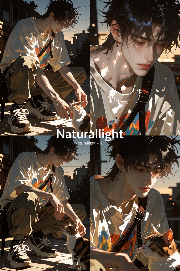 Masculine text in the center: "Naturallight". Smaller text "Naturallight - 0.1" Handsome man with messy hair,  fair skin,...