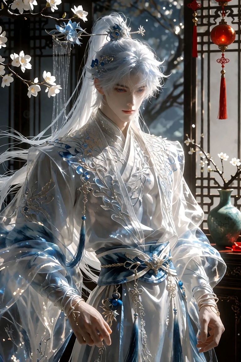 1 boy,  solo,  (blue eye) (white hair) thin lips on Tensor.Art