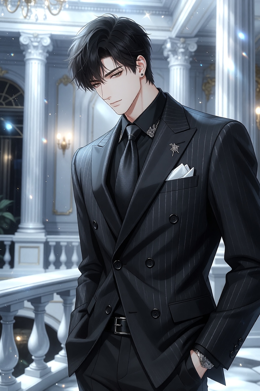 this is a digital anime-style illustration featuring a young man with a handsome,  slightly androgynous appearance,  he ha...