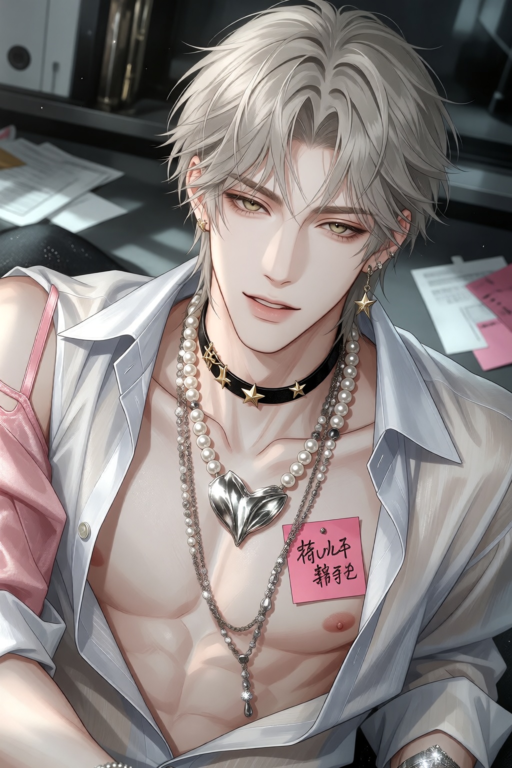 this digital anime-style illustration features a close-up,  slightly angled view of a young,  attractive male character wi...