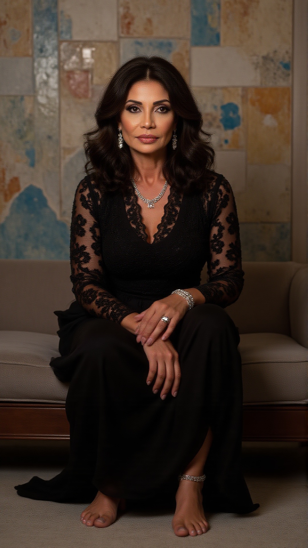Full-body portrait of an attractive 55-year-old North African Egyptian curvy woman with light brown eyes,  delicate skin t...