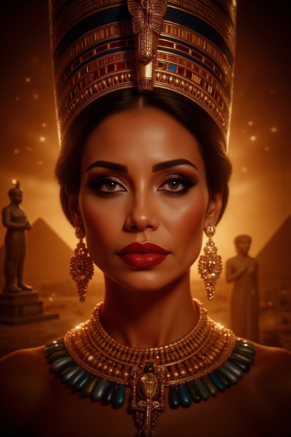 Create an opulent and stylized close-up portrait of Sawsan Badr,  a woman with Egyptian features. Her face is the central...