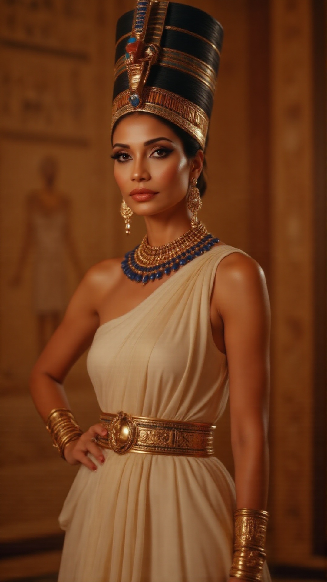 Photorealistic fashion editorial portrait of a powerful Egyptian queen fusion,  wearing a tall matte black Nefertiti crown...