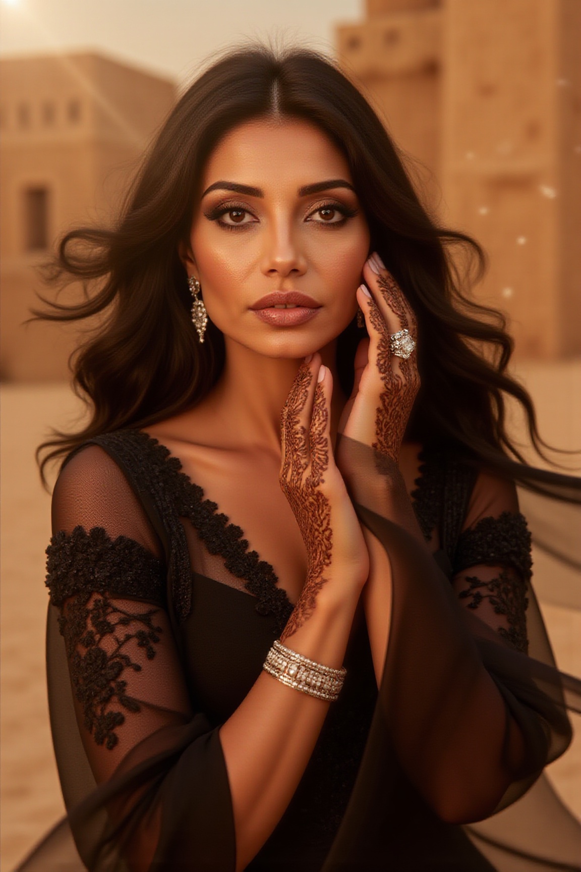 Ultra-realistic cinematic desert beauty portrait of an elegant ***** woman standing before a Sphenkis the ancient sandston...