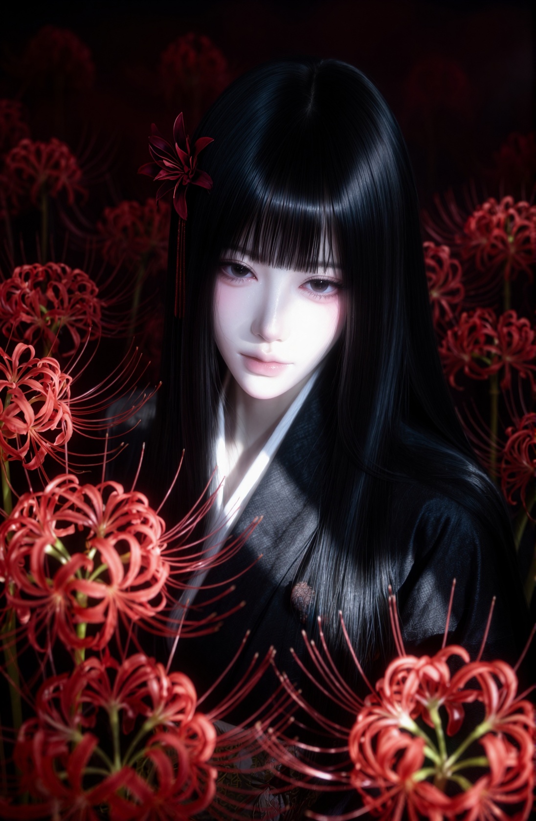 cinematic portrait,  a mysterious young woman surrounded by vibrant red spider lilies (higanbana),  melancholic dramatic m...
