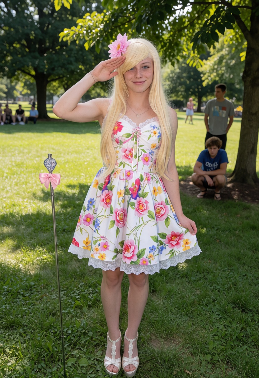 a cute photo of addie hilltye in a park with a summer dress and elegant sandal heels,  wawing his hand in a salute with a...