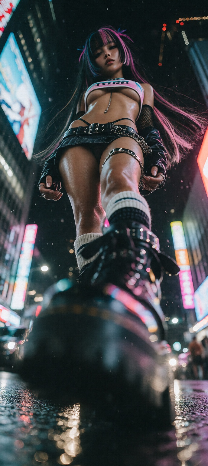 A confident Indian cosplayer woman in Y2K anime style stands over the camera in a low-angle worm’s-eye view from ground le...