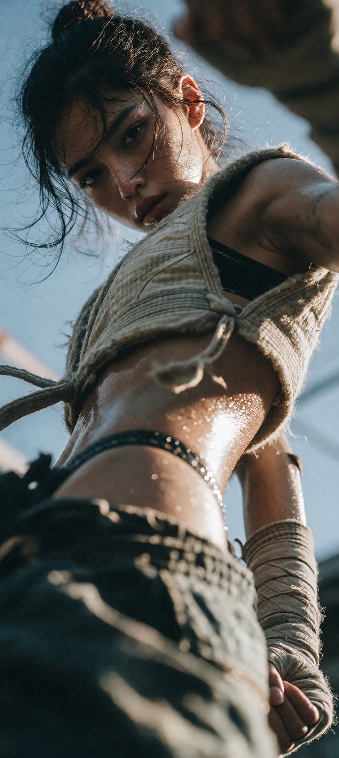 Extreme low angle,  very very low angle shot from the ground gazing steeply upward at a lean athletic Indian woman cosplay...