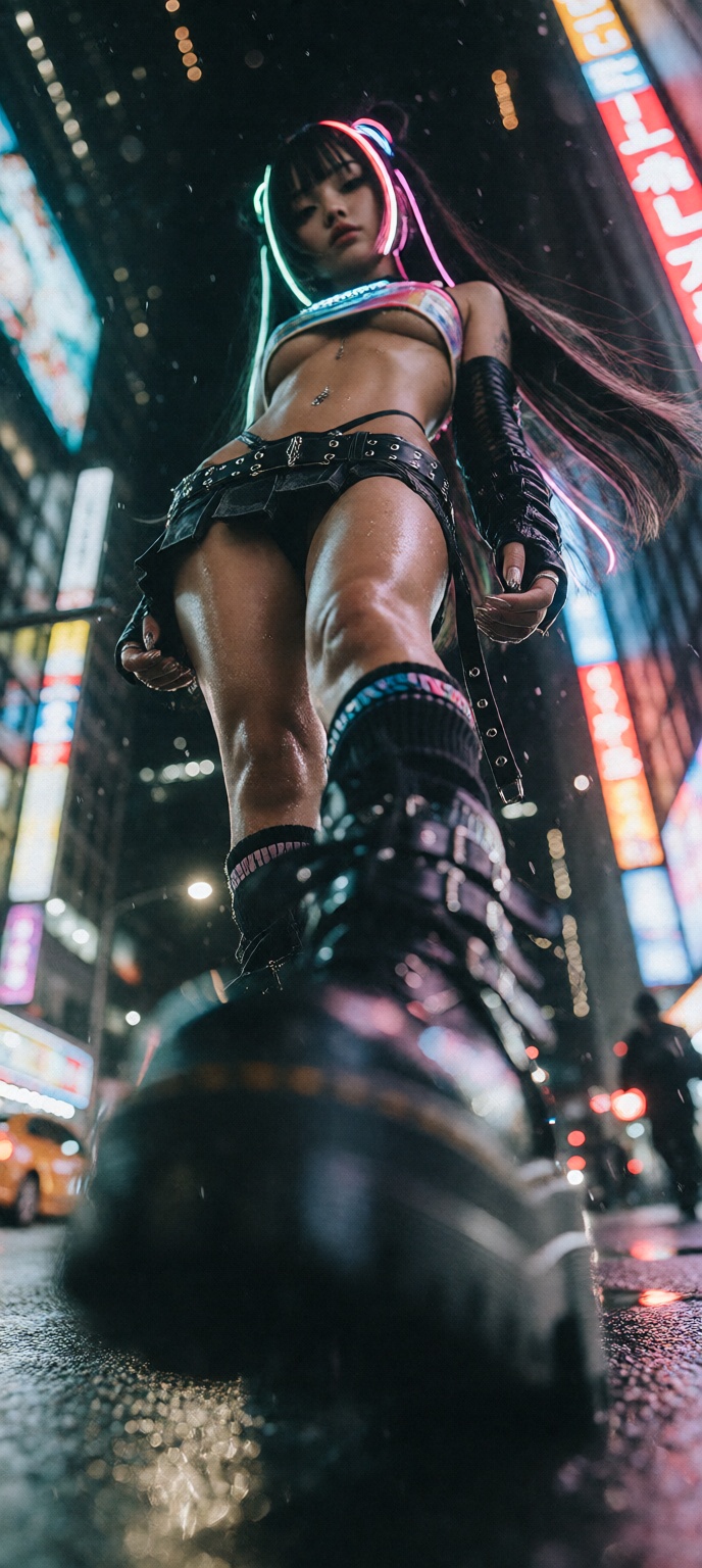 A confident Indian cosplayer woman in Y2K anime style stands over the camera in a low-angle worm’s-eye view from ground le...