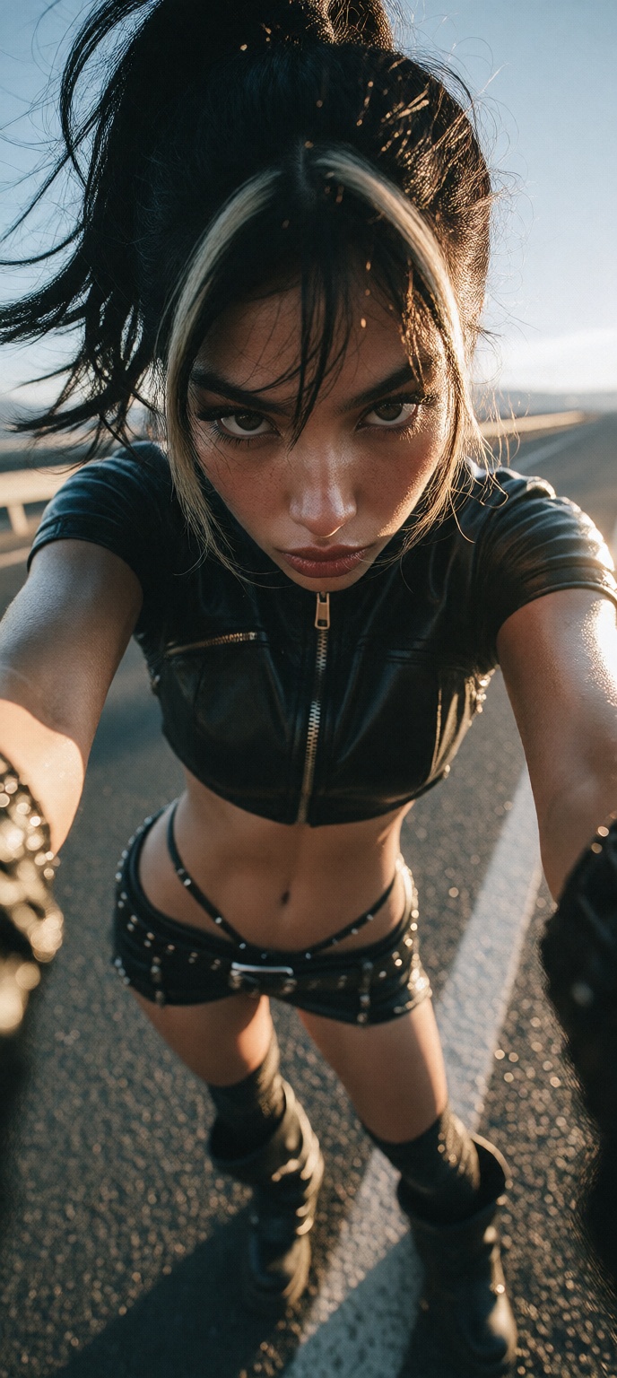 Ground-level worm’s-eye view looking steeply up at an athletic Indian cosplayer woman in Y2K anime style. Medium tan skin...