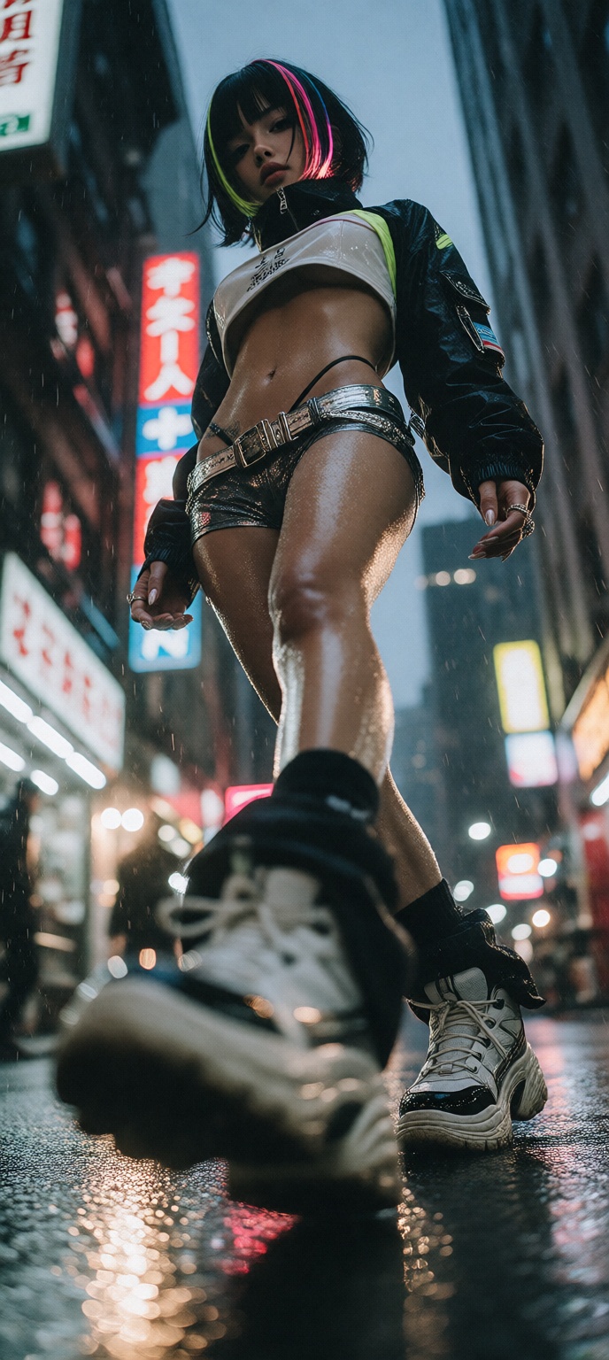 From the wet pavement in classic worm’s-eye perspective,  a lean Indian cosplayer woman in Y2K anime style steps across th...