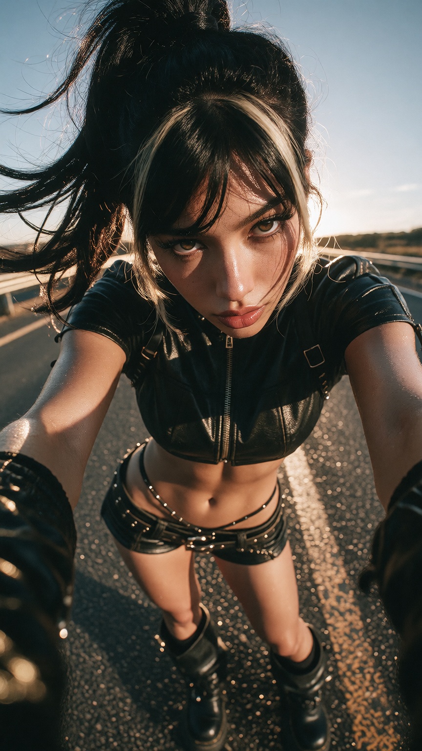 Ground-level worm's-eye view looking steeply up at an athletic Indian cosplayer woman with medium tan skin showing fine po...