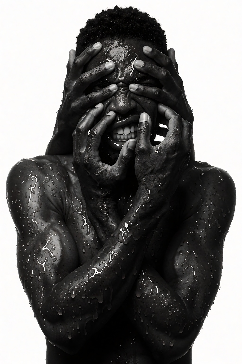 A hyper-realistic black and white portrait of a shirtless Black man whose face is aggressively gripped by multiple overlap...