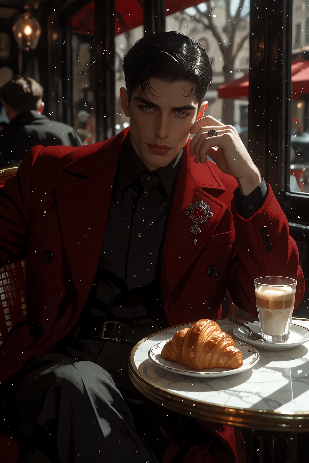 A maroon coat of a man sitting,  adorned with a vintage brooch,  placed elegantly on a café table beside a croissant and c...